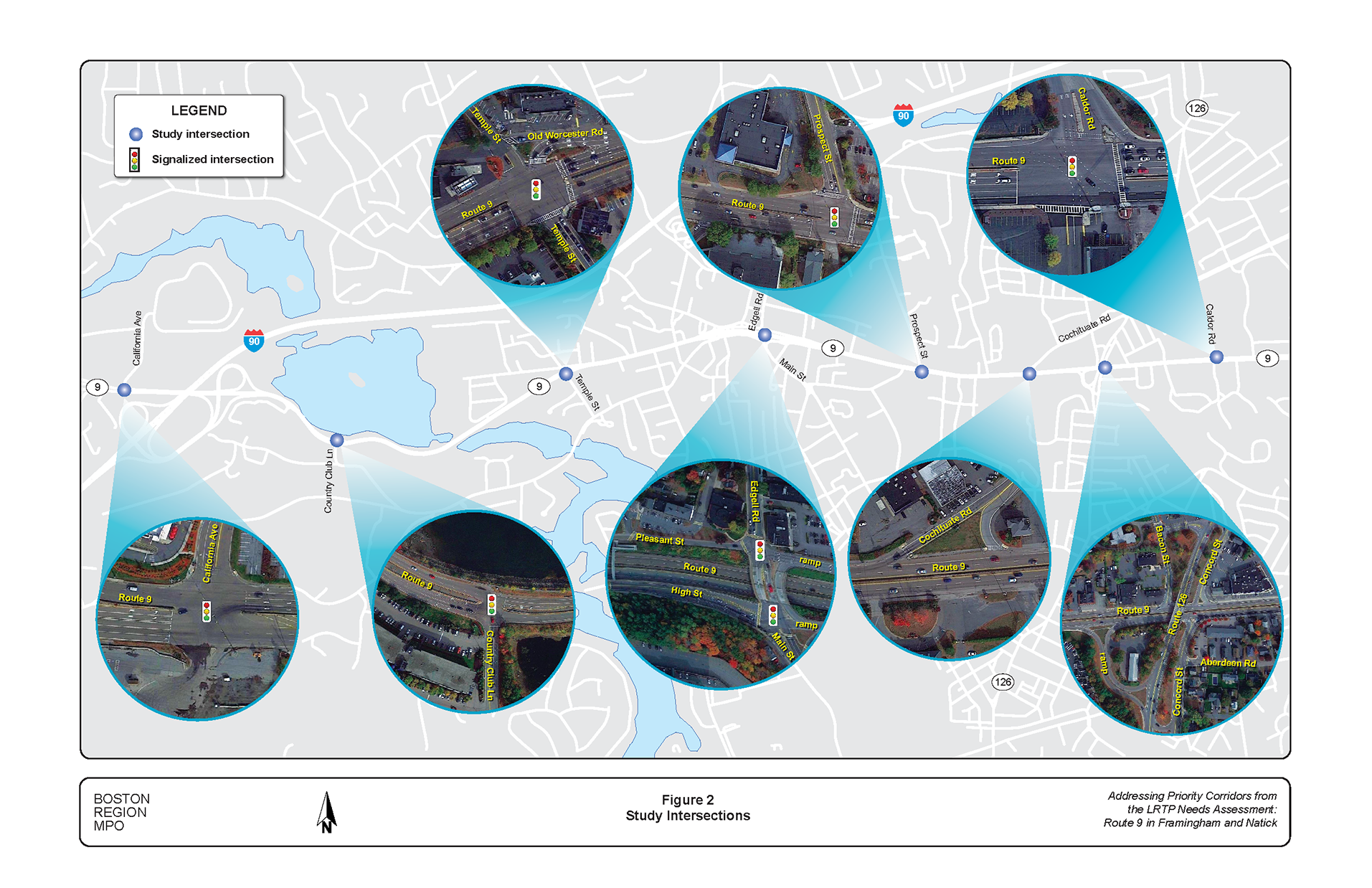 Figure 2 is a map of the study area showing the layouts of the study intersections.